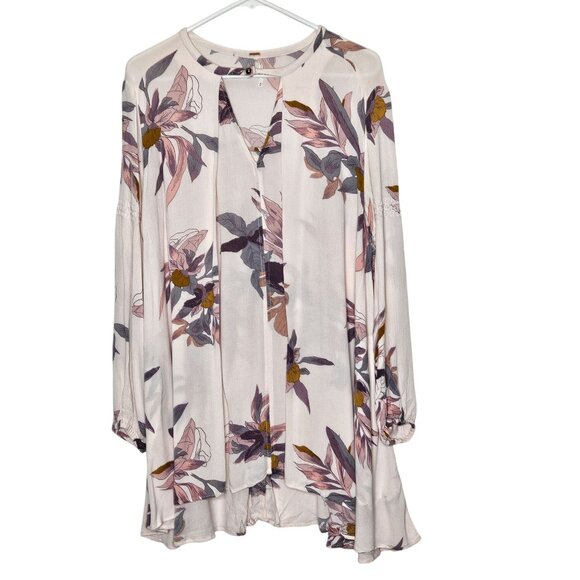 Free People Floral High-Low Tunic Blouse Pockets Flowy Gauzy Keyhole Neck Pink M - Picture 1 of 12